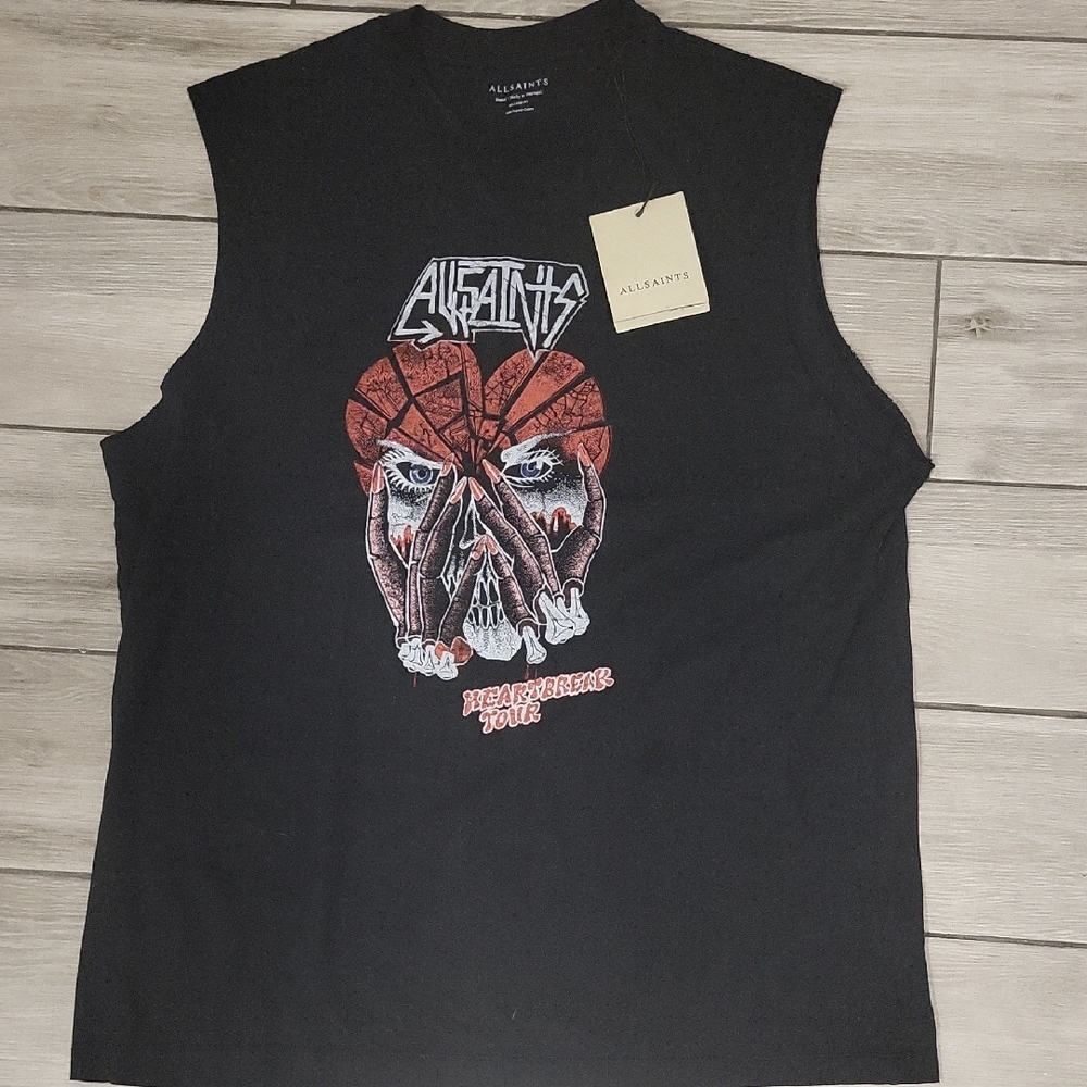 All Saints Black and Red Skull Tank Top
